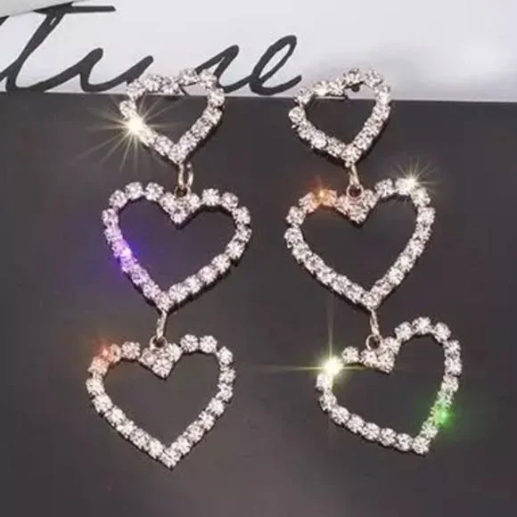Heart earrings rhinestone diamond crystal drop dangly sparkly y2k luxury cute - Picture 3 of 5